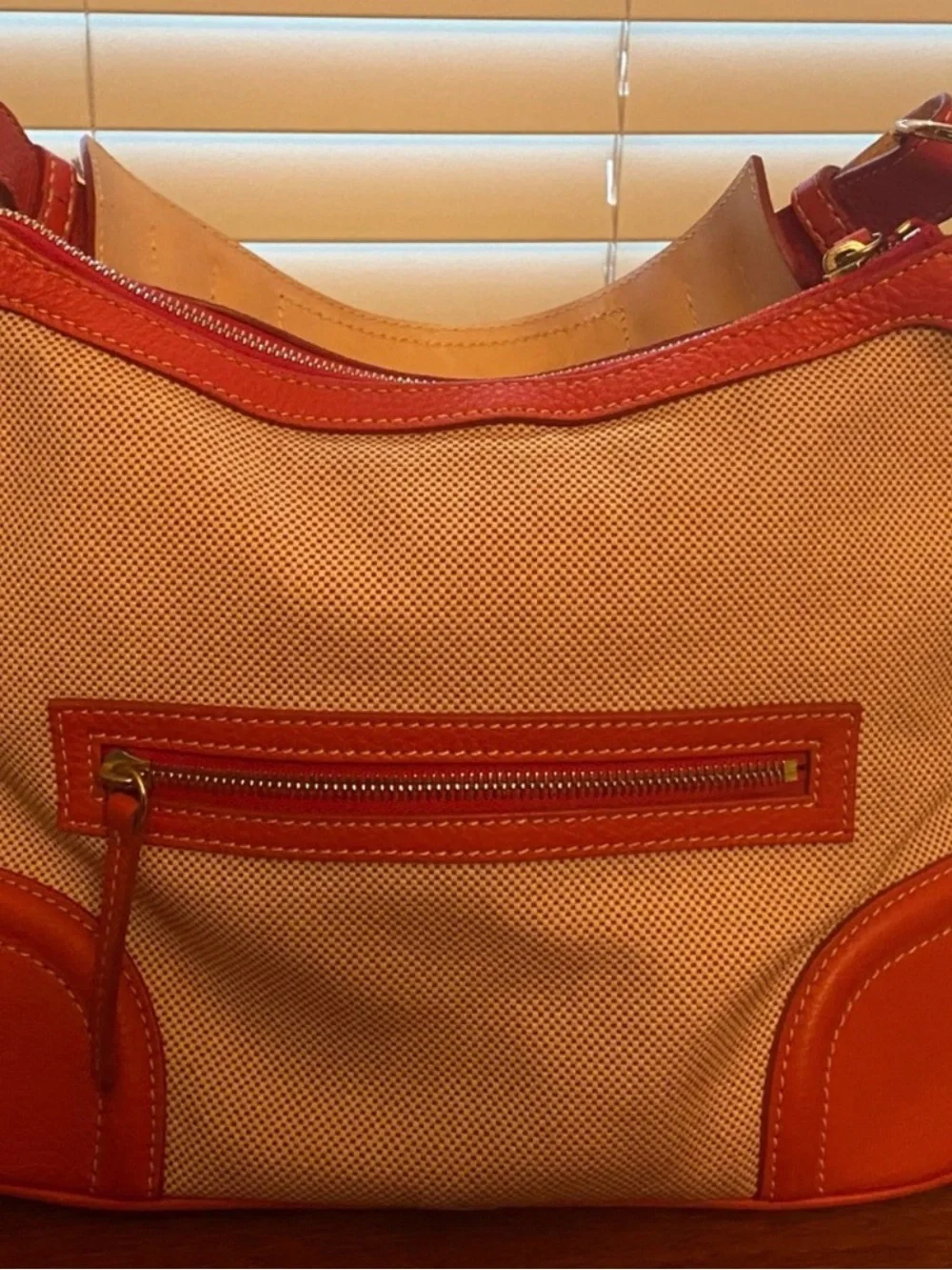 Dooney & Bourke Beige Canvas Shoulder Bag with Orange Leather Trim